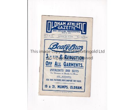 OLDHAM ATHLETIC V BRIGHTON &amp; HOVE ALBION 1914 FA CUP    Programme for the tie at Oldham 10/1/1914, very slight vertical c