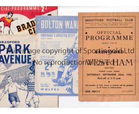 1940'S FOOTBALL PROGRAMMES     Ten programmes in total, Brentford v West Ham United 22/9/45, Bolton v Wolves 28/8/48, Bradfor