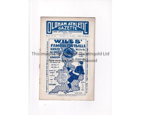OLDHAM ATHLETIC V EVERTON 1912 FA CUP    Programme for the tie at Oldham 24/2/1912.    Generally good