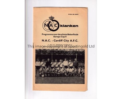 CARDIFF CITY     Programme for the away ECWC tie v N.A.C. Breda 15/11/1967, team changes.    Generally good