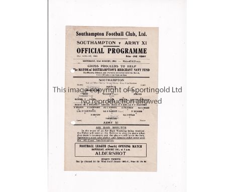 SOUTHAMPTON      Single sheet home programme for the Benefit match v Army XI 21/8/1943 with Alf Ramsey at centre-half. Slight