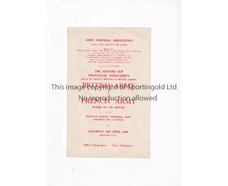 DUNCAN EDWARDS       Programme for the Kentish Cup match at Dulwich Hamlet FC 28/4/1956, British Army v French Army. Players 