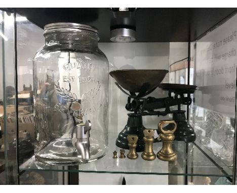 KITCHEN SCALES & BRASS WEIGHTS & BEVERAGE DISPENSER
