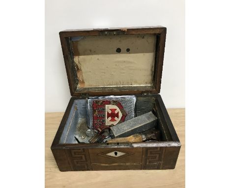 ANTIQUE INLAID MOTHER OF PEARL TRINKET BOX & CONTENTS