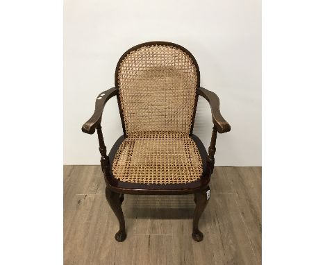 VINTAGE QUEEN ANNE STYLE ARMCHAIR WITH WOVEN BACK & SEAT