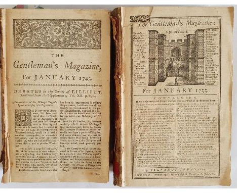 Gentleman’s Magazine and Historical Chronicle, for January to Dec 1743; in original half leather spine intact but lacking cov