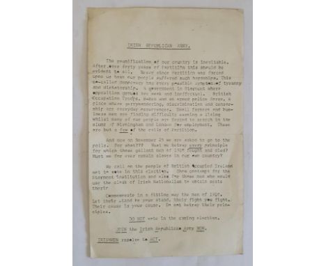 IRA Political recruitment ephemera, issued in 1965 before the November 25th Stormont elections. Small typed leaflet measuring