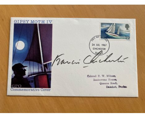 Pioneer Aviator and Yachtsman Sir Francis Chichester signed 1967 Gipsy Moth IV FDC with Chichester FDI postmark. Sir Francis 