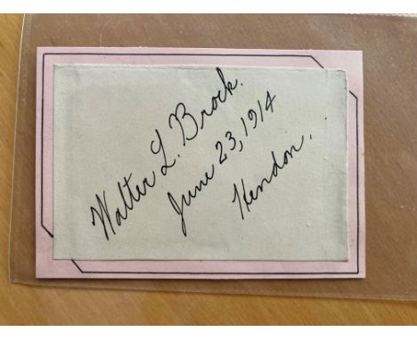 American Pioneer Aviator Pilot Walter L Brock signed card inscribed HENDON 1914. 6 June 1914 The third annual Aerial Derby - 