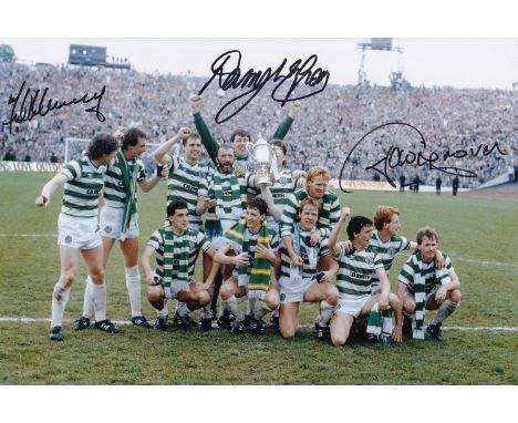 Autographed Celtic 12 X 8 Photo : Col, Depicting Celtic Players Celebrating With The Scottish Cup In Front Of Photographers F