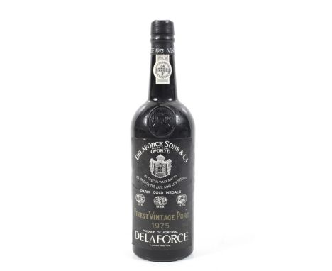 A botte of Delaforce Finest Vintage Port 1975. 75cl, no vol shown.