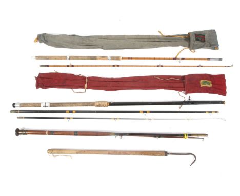 Three vintage fishing rods. Comprising an early two piece hardwood rod, an 'Apollo' tubular steel rod and an Edgar Sealey flo