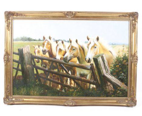 F Boughton, oil on canvas, a group of palomino horses at a gate. Signed lower right, H60cm x W90cm, in gilt frame.  Condition