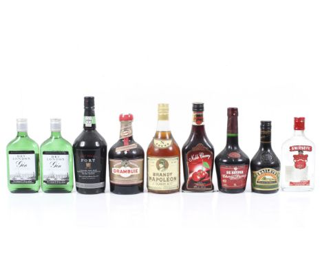 A collection of nine bottles of assorted spirits. Comprising two bottles of London Dry Gin, 35cl, 37.5% vol, a bottle of Fine