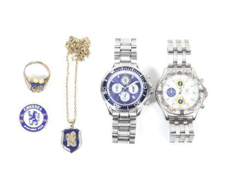 Chelsea Football Club Interest, two stainless steel chronograph bracelet watches, a silver pendant and chain, a ring and a ti
