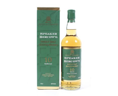 A bottle of House of Commons Speaker Bercow's single malt scotch whisky. Aged 10 years, 70cl, 40% vol in box. 