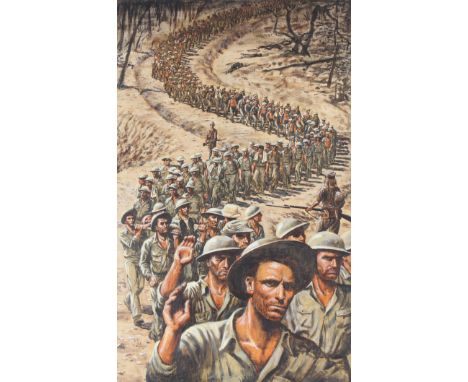 David K Stone (Oregon, 1922 - 2001) "Surrender of Bataan and Death March" Signed lower right. Original Oil painting on Masoni