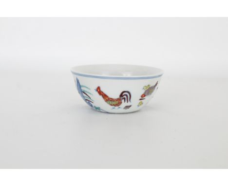 Chinese Porcelain Rooster Cup, Signed with 6 character mark on bottom of cup. Diameter: 3.5 in.