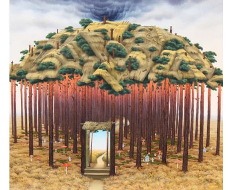 Jacek Yerka (Polish, B. 1952) "Na Skroty" translates to "Shortcuts". Acrylic on Canvas. Signed and dated ('91) lower right. G