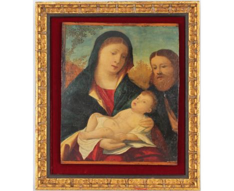17th C. Old Master Painting of the Holy Family. Oil on board mounted to a later added frame. Old wax seals verso. Appears to 
