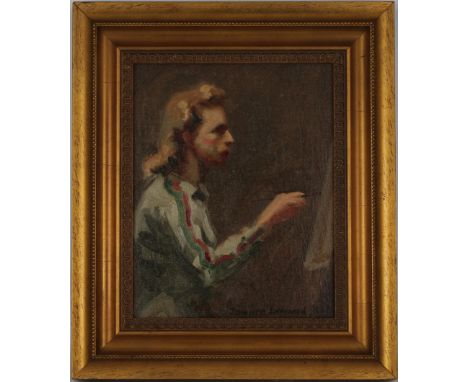 Edward Leonard (New York, Florida, 1901 - 1968) Artist self portrait painting. Depicting the artist painting, seated near an 