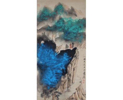 Antique Chinese Watercolor Scroll Painting.   Signed upper right and verso.  Image size: 52 x 25.5 inches.