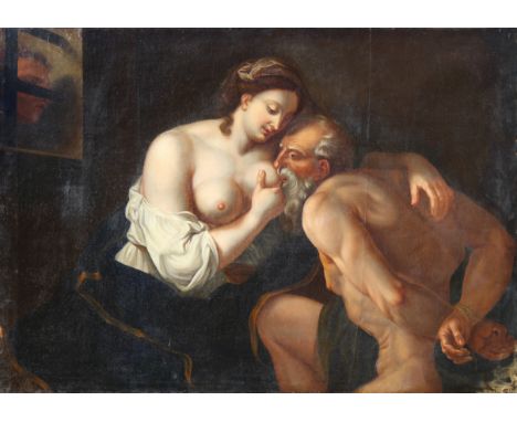 17th C. Old Master Painting, "Roman Charity". "Roman Charity" is the exemplary story of a oman, Pero, who secretly breastfeed