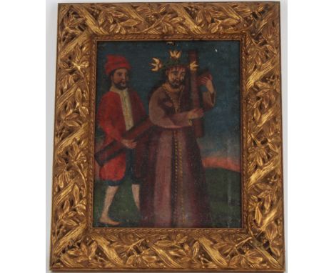 17th C. Cuzco School Old Master painting of Jesus carrying the cross with a crown of thorns. Oil on canvas. Sight Size: 12.5 