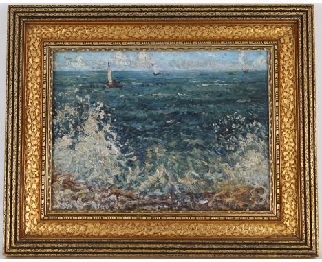 1923 Impressionist Seascape Painting. Depicting a seascape with boats near the horizon. Oil on board. Inscribed illegibly ver