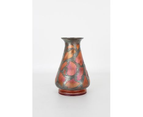 Loetz Art Nouveau Glass Vase with silver overaly. Marked .900 silver near lower portion. Height: 6.75 in.