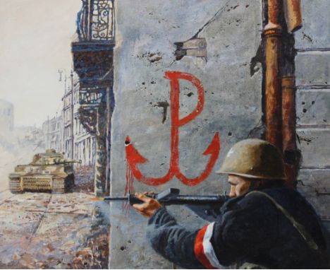 Brian Sanders (British, B. 1937) "Warsaw Uprising" Artist notes in margins. Original Oil painting on Masonite. Provenance: Co