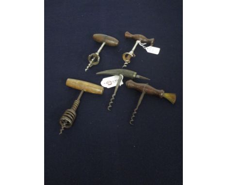 5 Assorted Corkscrews:- 2 Direct Pull (1 wooden, 1 Bone), 1 Spring, 2 Bell. Believed late 19th - early 20th century and one M