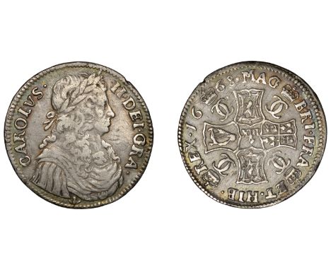 Charles II (1649-1685), First coinage, Merk, 1668, type II, leaved thistle below bust, reads dei · gra ·, 6.01g/12h (D 19; M 