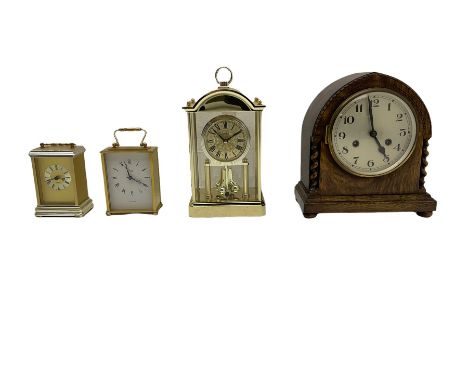 Three quartz mantle clocks and one 1930s mantle clock