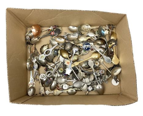 Quantity of silver-plate and enamel souvenir spoons, together with other examples