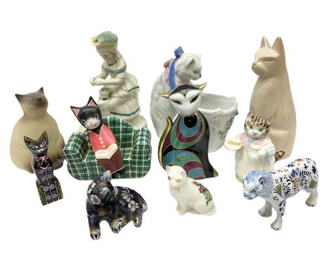 Quantity of cat figures to include Royal Albert Beatrix Potter Mrs Ribby figure, cloisonn� and crested ware examples, Italian