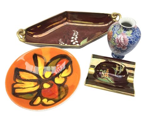 Shelley Cloisonne pattern vase, Carlton Ware Rouge Royal pattern twin handed dish and ash tray decorated with pagoda and Pool