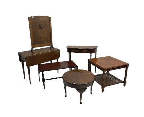 Square coffee table with cane work undertier (60cm x 60cm, H53cm), mahogany console table, oak firescreen with lion mask, dro