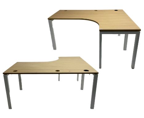 Light oak finish right hand desk, on white finish supports, together with a matching left hand desk (2)Dimensions: Height:&nb