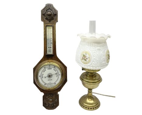 Brass oil lamp with frilled glass shade with floral detail converted to electricity, together with an aneroid barometer, L60c