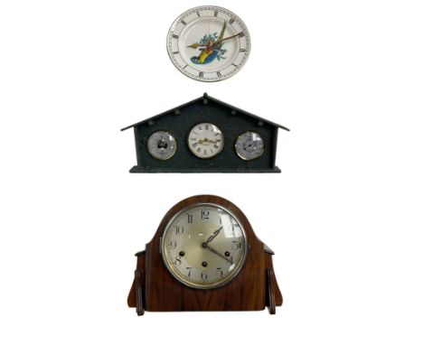 Three mantle clocks including a Westminster chiming clock, slate cased clock with barometer and hygrometer and a china plate 