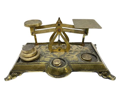Victorian brass postal scales with ornate foliate and floral decoration, L20cm