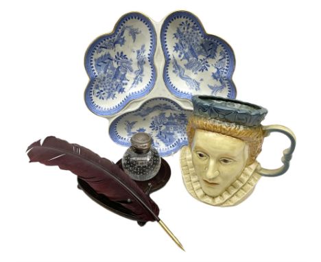 Edwardian ink stand with inlaid decoration, together with a glass inkwell with air bubble inclusions, Royal Worcester trio di