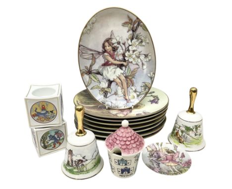 Royal Worcester Flower Fairies oval collectors plates, Goebel mustard pot, two Danbury Mint Fairy Tale bells, and pair of Hut