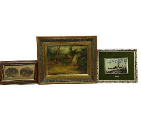 English School (Early 20th century): Partridges and Chicks, oil on canvas indistinctly signed together with two bird prints m
