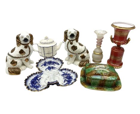 Pair of copper lustre Staffordshire dogs, together with majolica sardine dish and cover, Early nineteenth century commode sha
