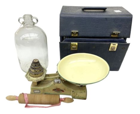 1930s S.I.F scales, twin handled glass wine bottle, and quantity of records