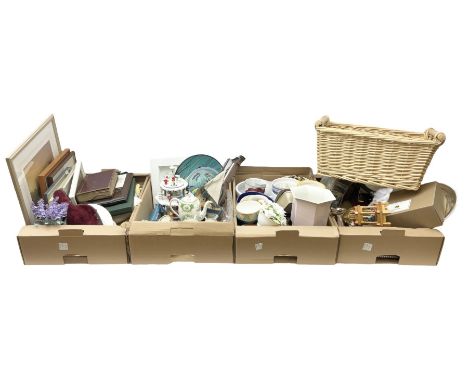 Foley Broadway pattern tea service for six, glassware, clocks, ceramics, barometer etc in four boxes