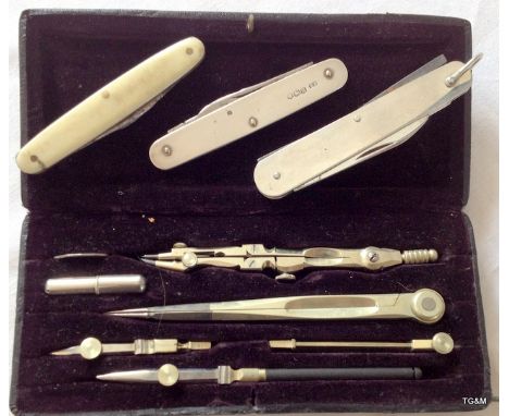 3 gent's pocket knives 1 silver and a set of geometry equipment