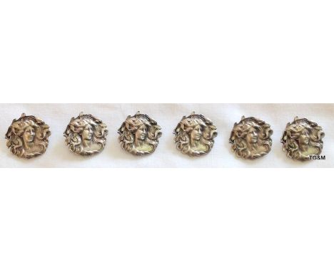 6 Art Nouveau Silver Buttons depicting a Maiden